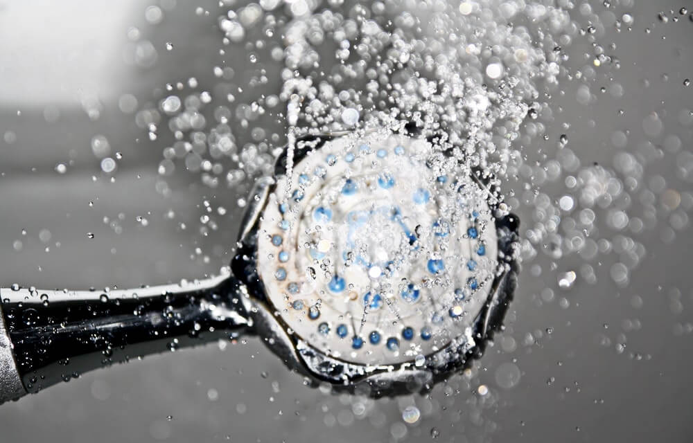 Flor de la ducha con manchas de agua dura.