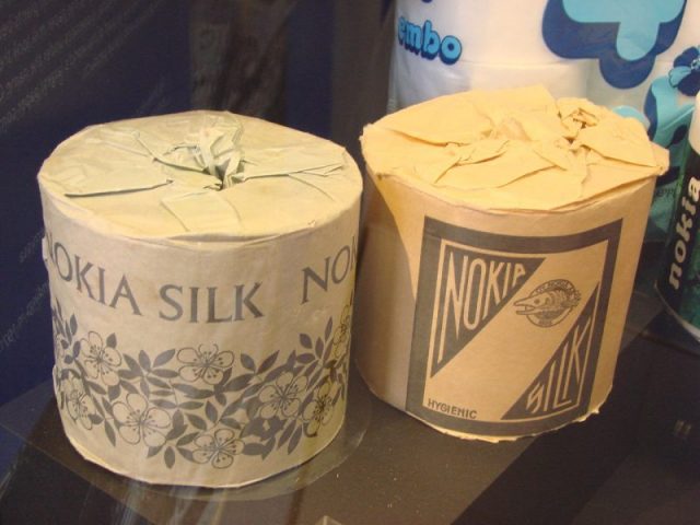 Rolls of toilet paper produced by Nokia in the 1960’s, Museum Centre Vapriikki, Tampere, Finland. Photo by Catlemur CC BY SA 4.0